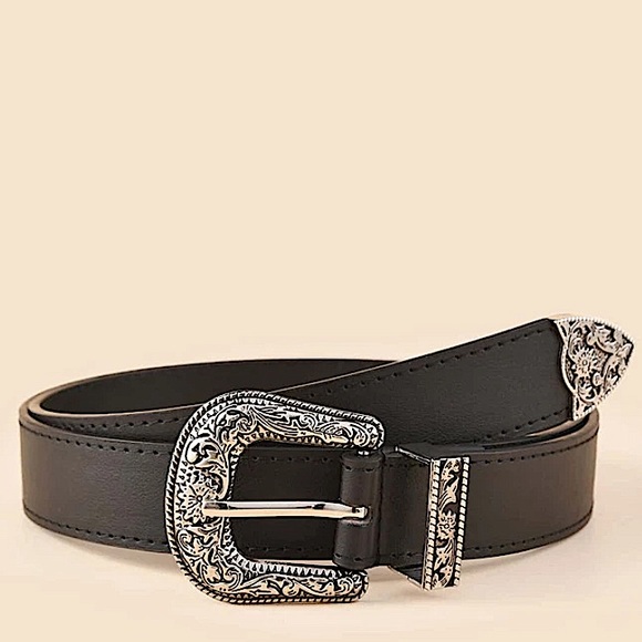 Engraved Metal Western Black Belt Buckle